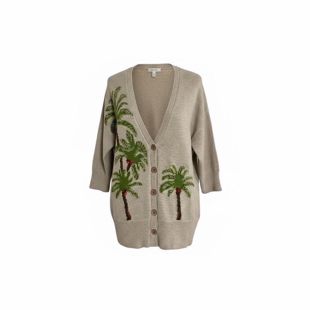 J. Jill Linen Blend Embroidered Palm Tree Button Front Cardigan Cream Size Small